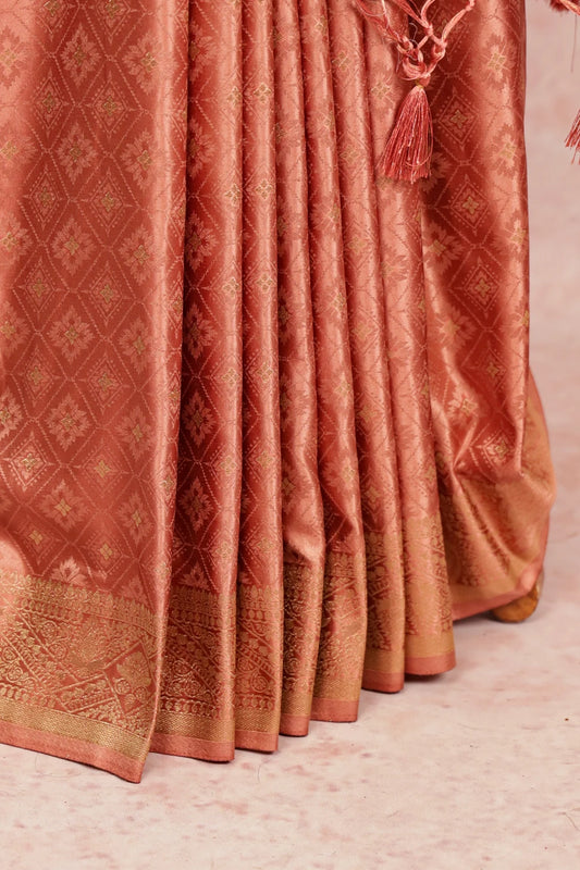 Dark Peach Semi Banarasi Saree