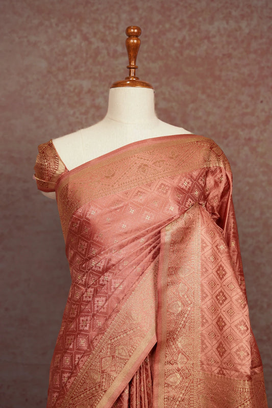 Dark Peach Semi Banarasi Saree