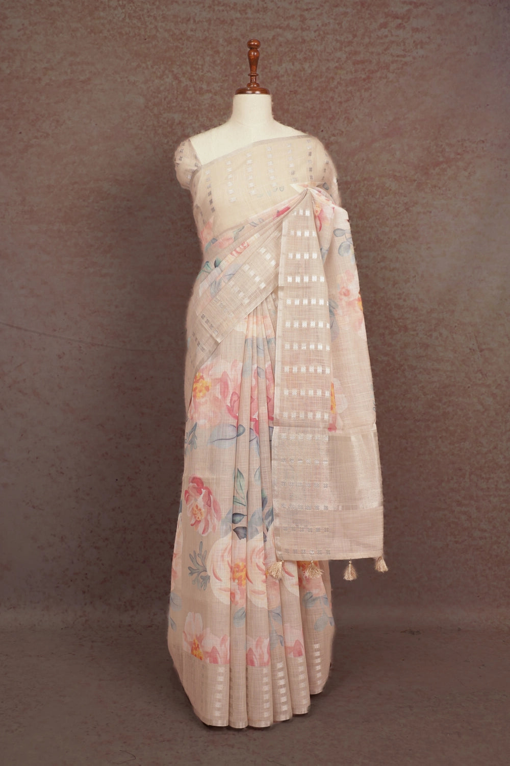 Pastel Peach Semi Linen Saree