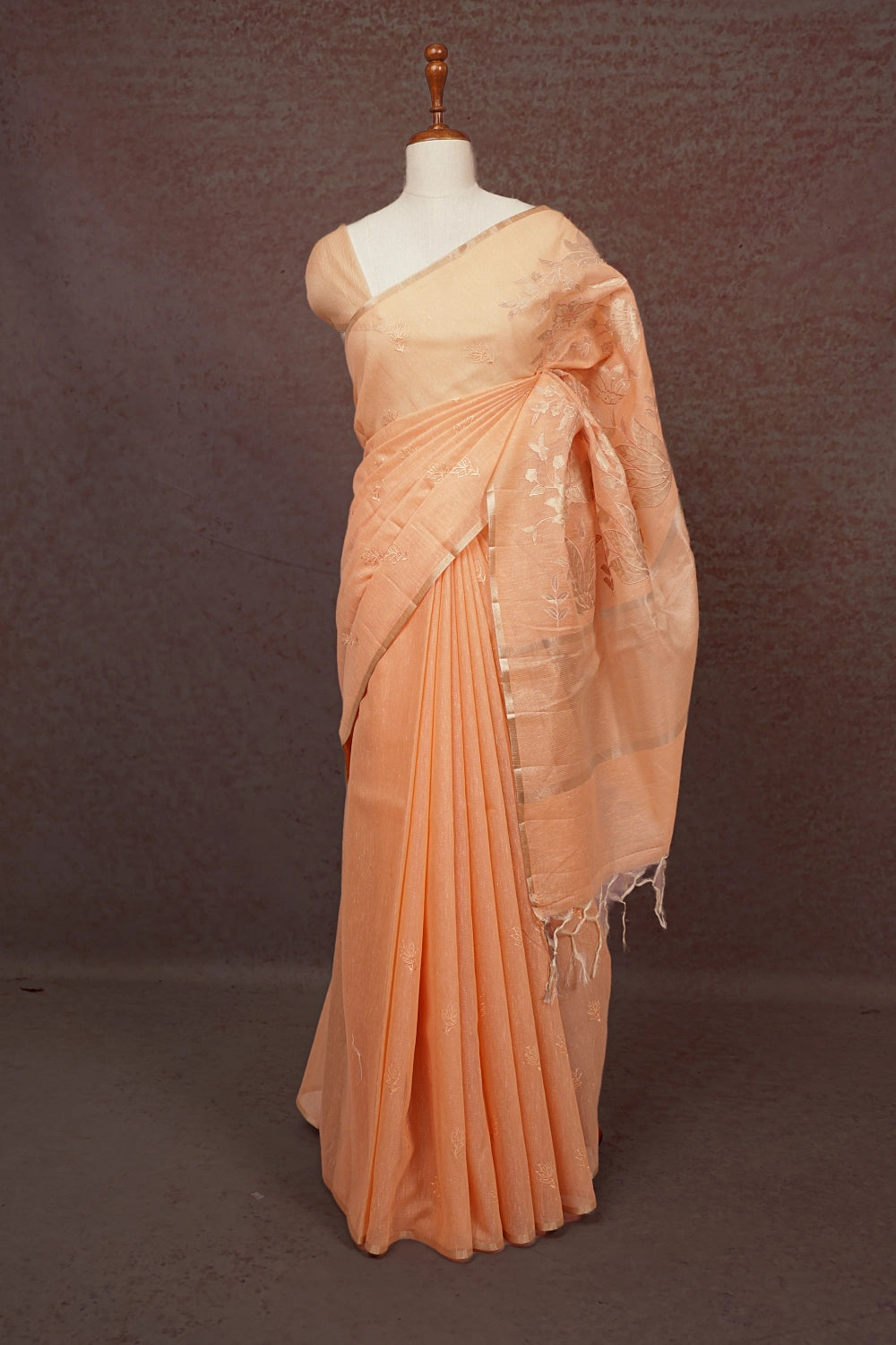 Peach Color Cotton Tissue Saree