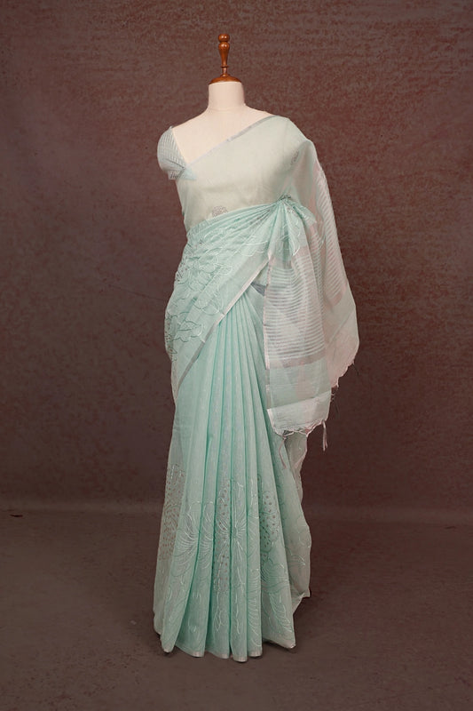 Sea Green Cotton Tissue Saree - Seematti