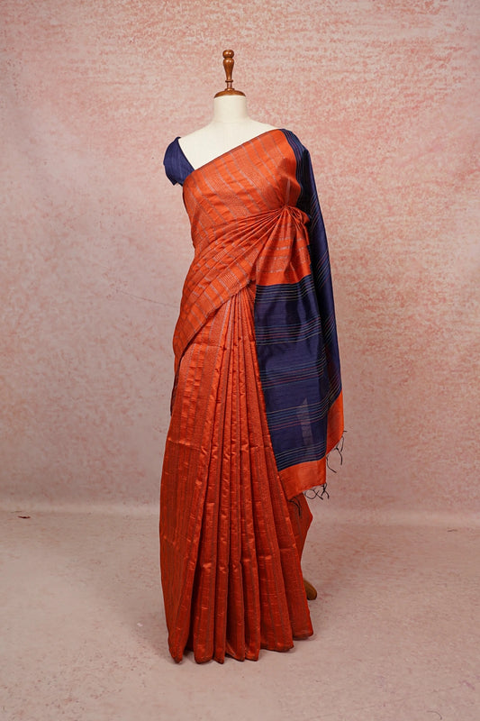Rust Orange Semi Jute Saree - Seematti
