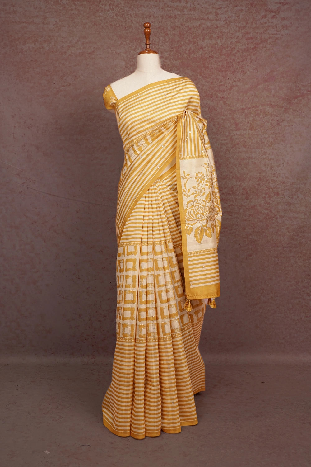 Cream With Yellow Semi Tussar Saree