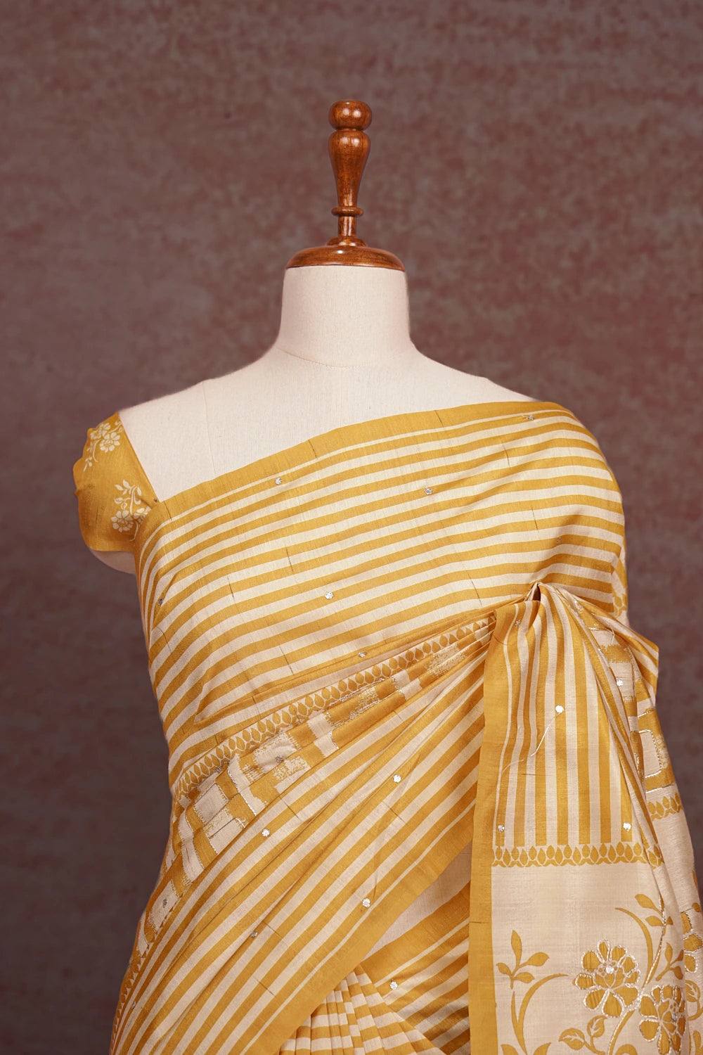 Cream With Yellow Semi Tussar Saree