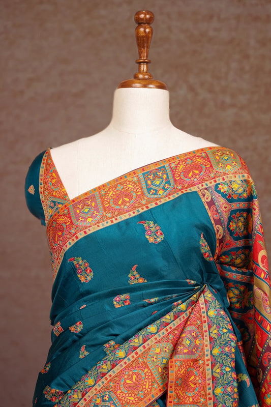 Peacock Blue Semi Banarasi Saree