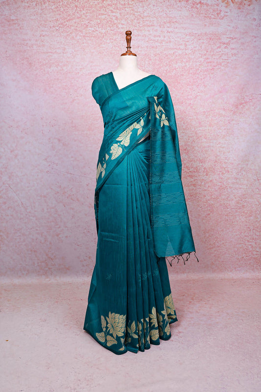 Teal Green Semi Tussar Saree