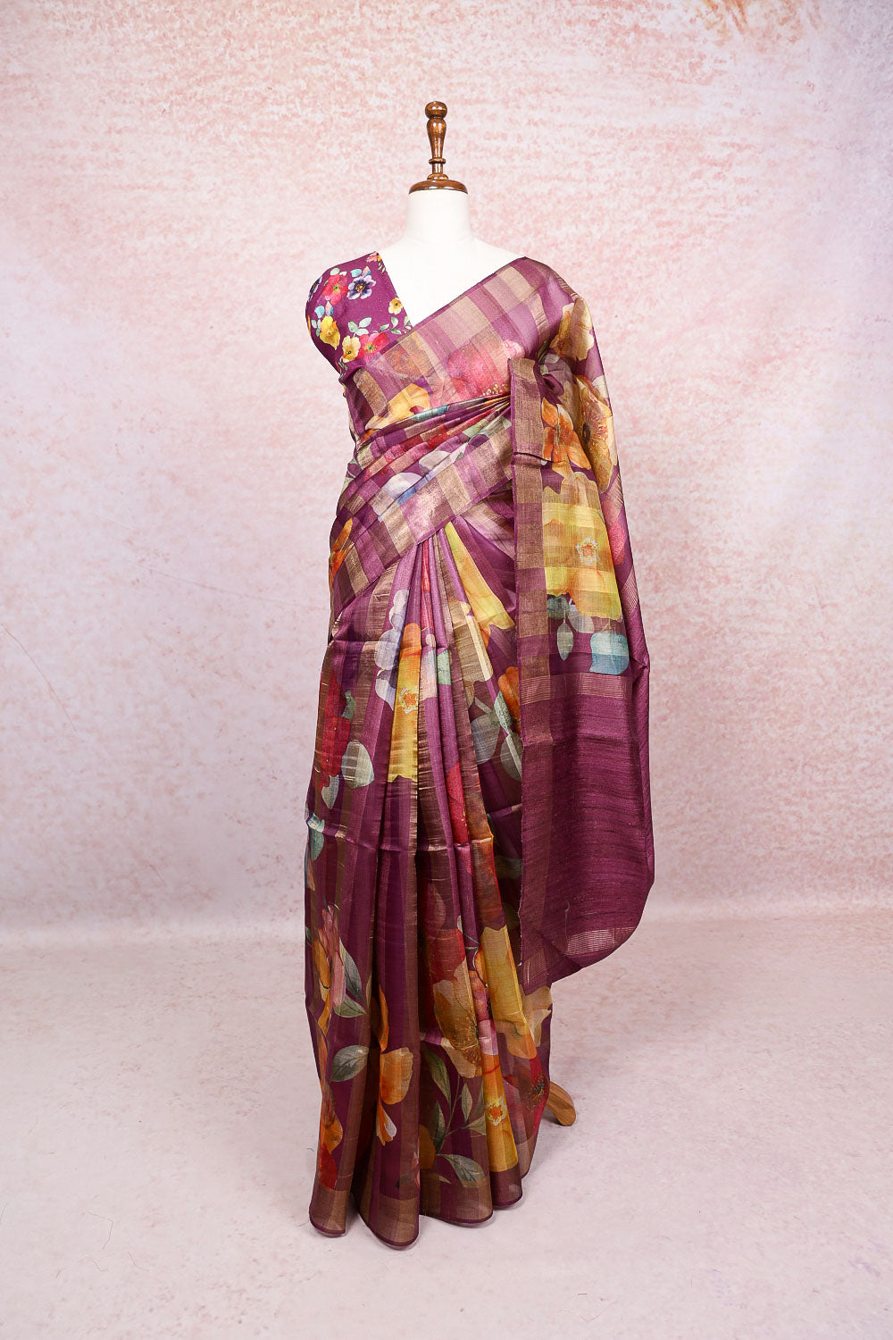Dark Wine Tussar Jute Saree