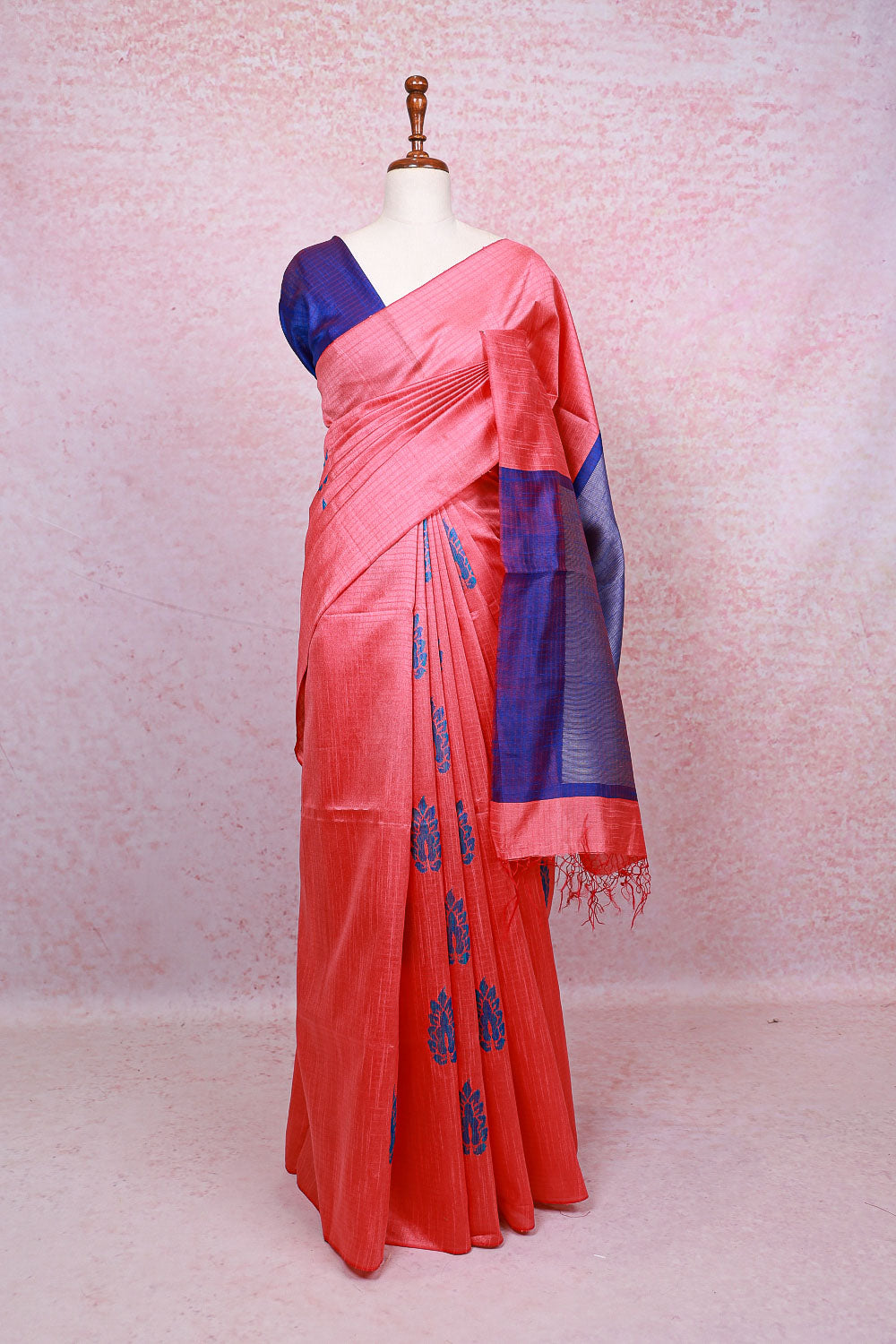 Coral Red Semi Jute Saree