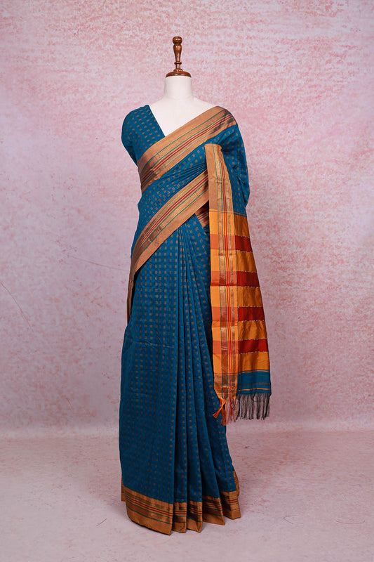 Peacock Blue Cotton Silk Saree