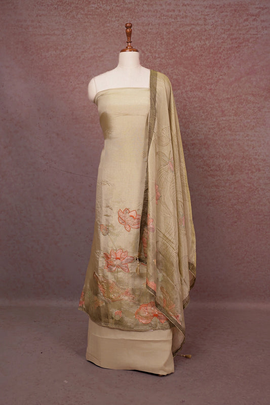 Gold Tissue Applic Work Unstitched Churidhar Material