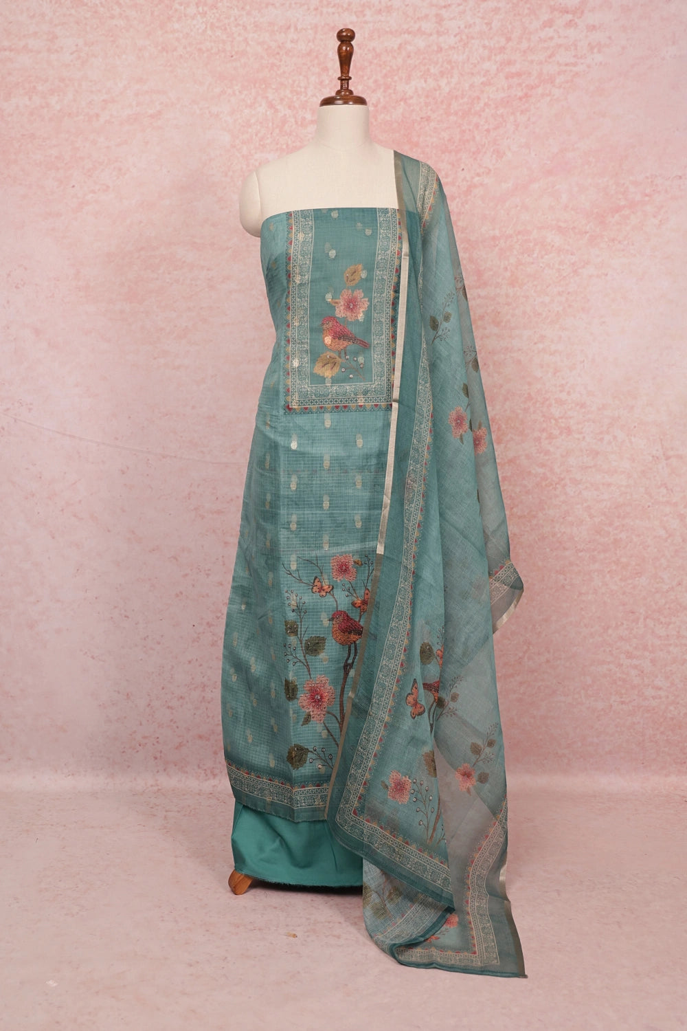 Sapphire Green Kota Printed Unstitched Churidhar Material