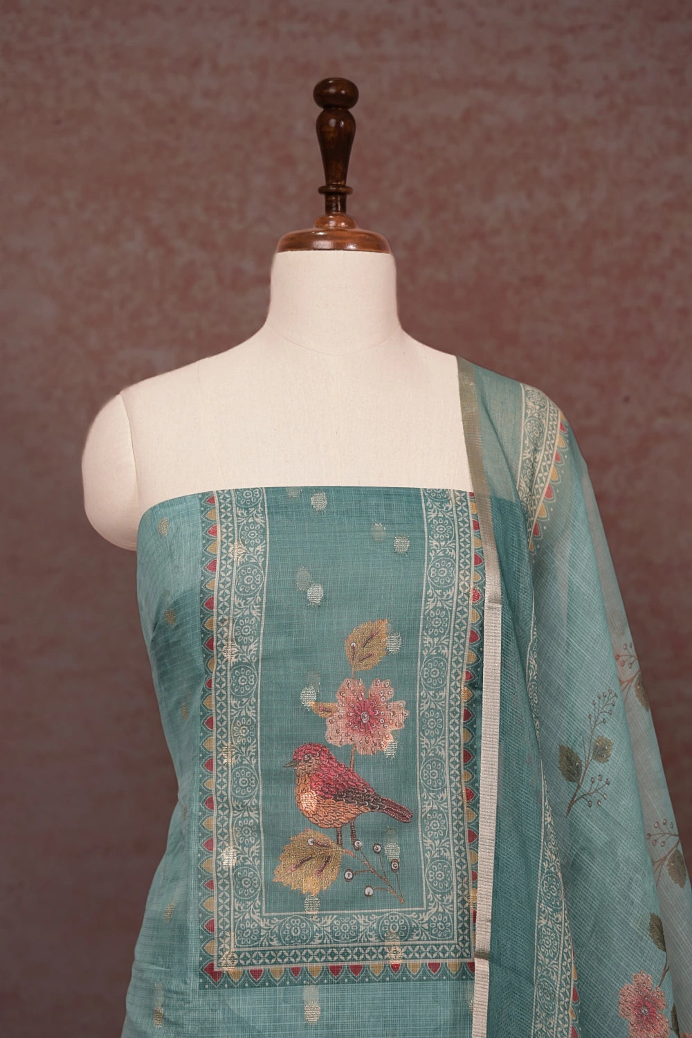 Sapphire Green Kota Printed Unstitched Churidhar Material