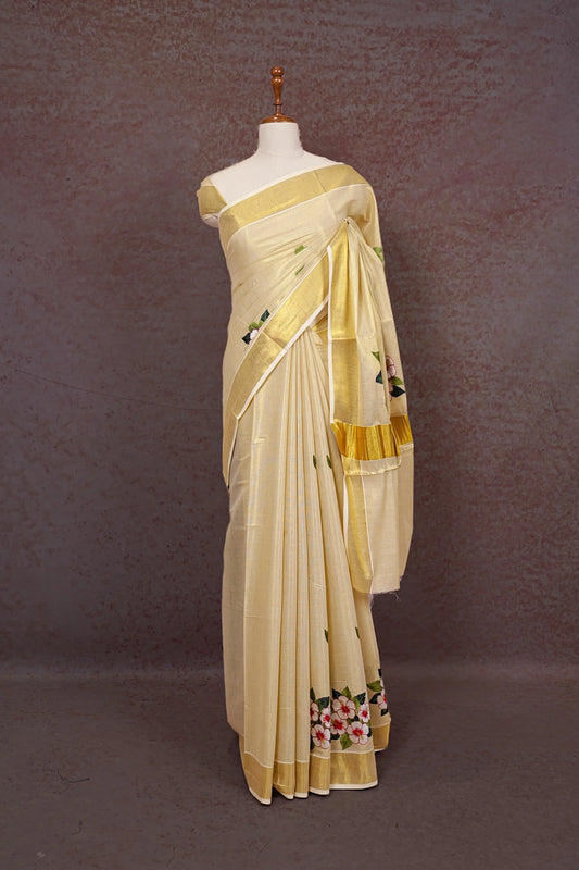 Golden Semi Tissue Kerala Saree - Seematti