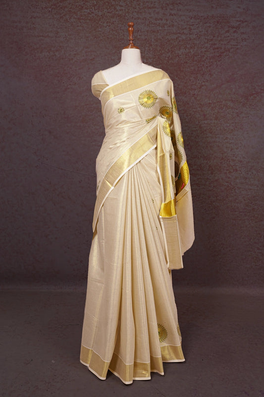 Golden Semi Tissue Kerala Saree - Seematti