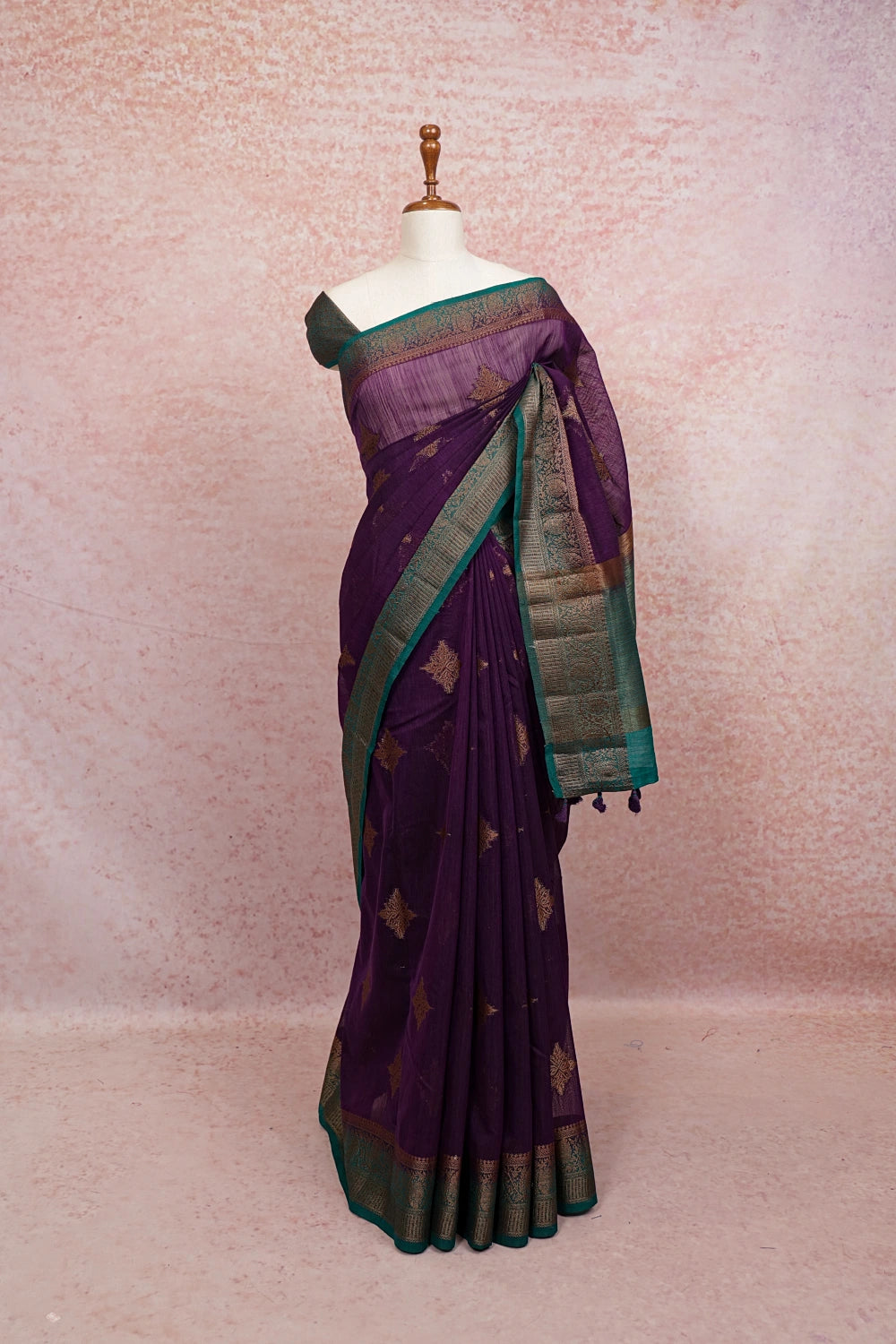 Dark violet semi jute saree with teal zari border - Seematti