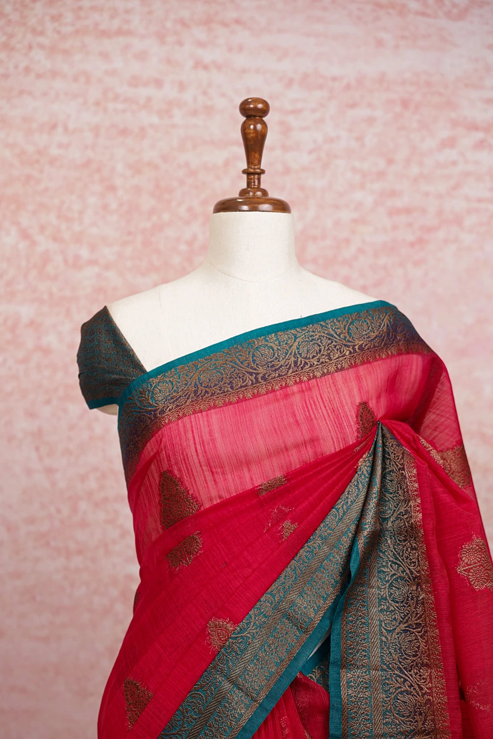 Pinkish Red Semi Jute Saree