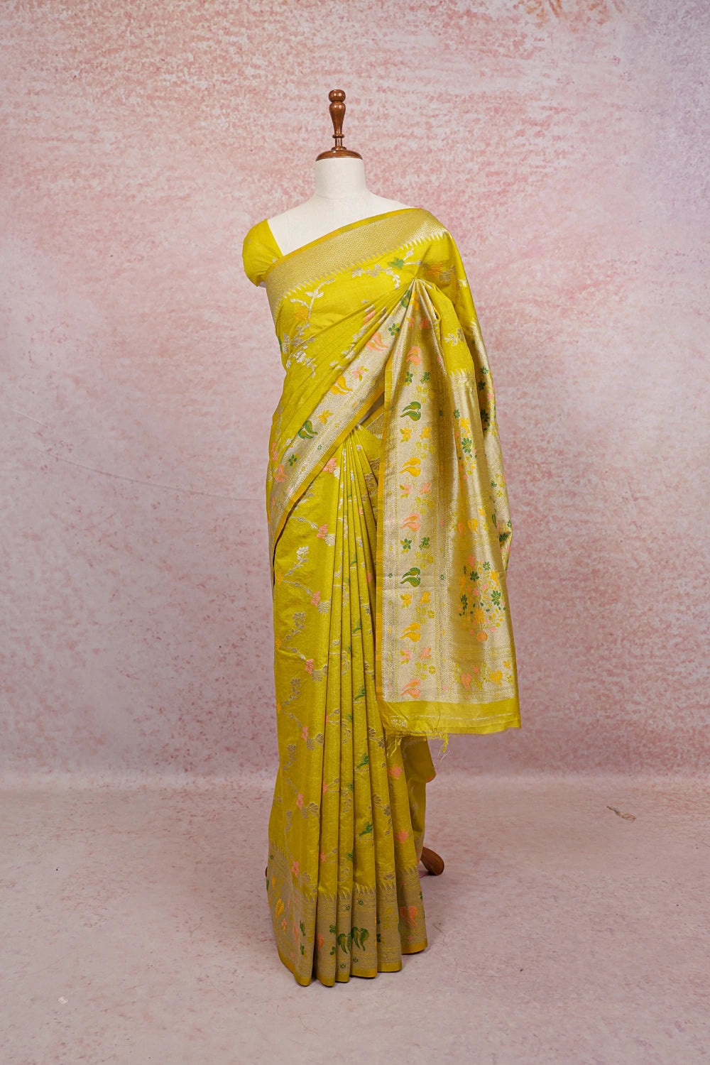 Lemon Yellow Semi Banarasi Saree