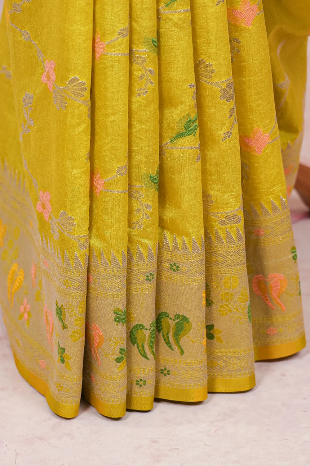 Lemon Yellow Semi Banarasi Saree
