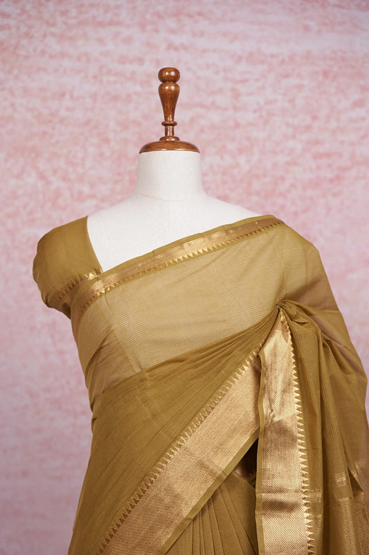 Olive Green Cotton Saree - Seematti
