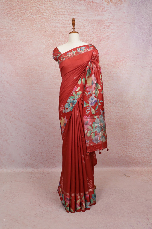 Brick Red Satin Banarasi Saree - Seematti