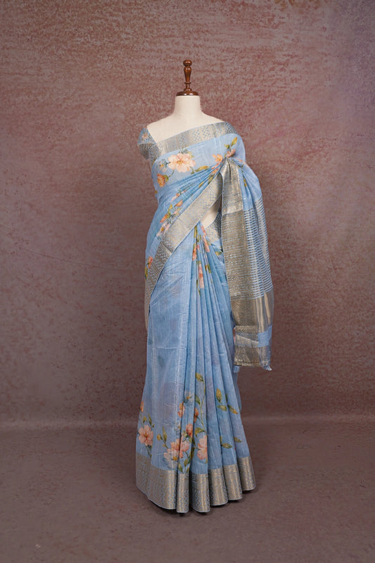 Sky Blue Semi Jute Saree - Seematti