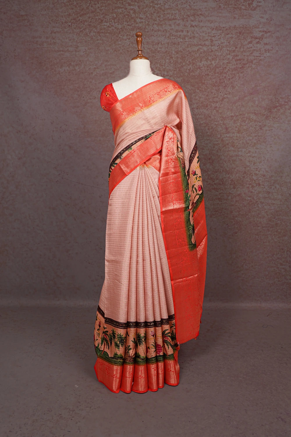 Peach Semi Banarasi Saree