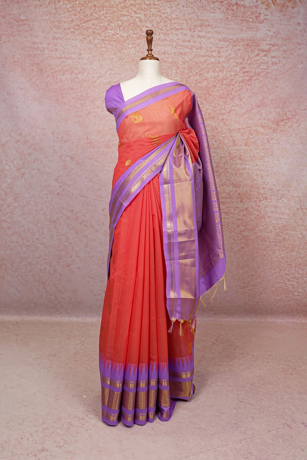 Coral Orange Cotton Silk Saree