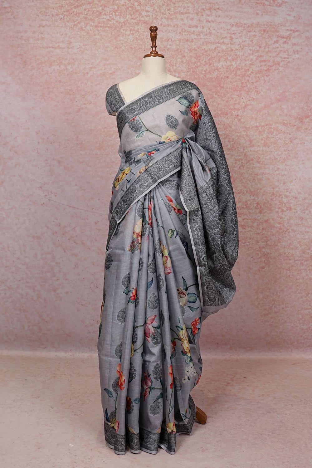Grey Tussar Silk Saree