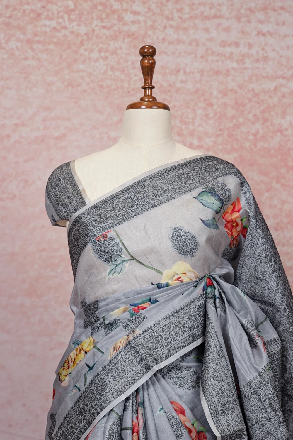 Grey Tussar Silk Saree