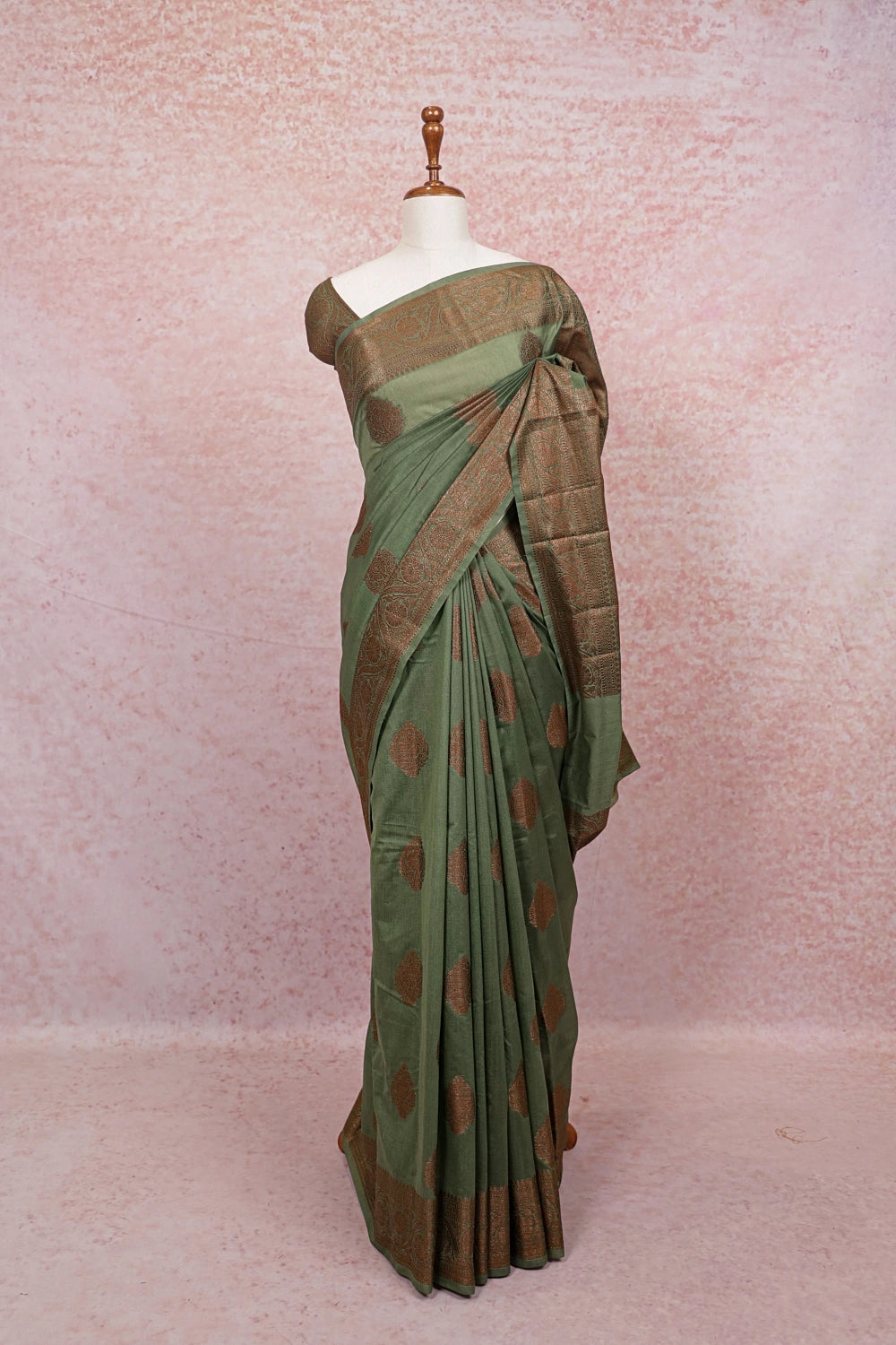 Green Semi Banarasi Saree, olive with gold border - buy online at Seematti