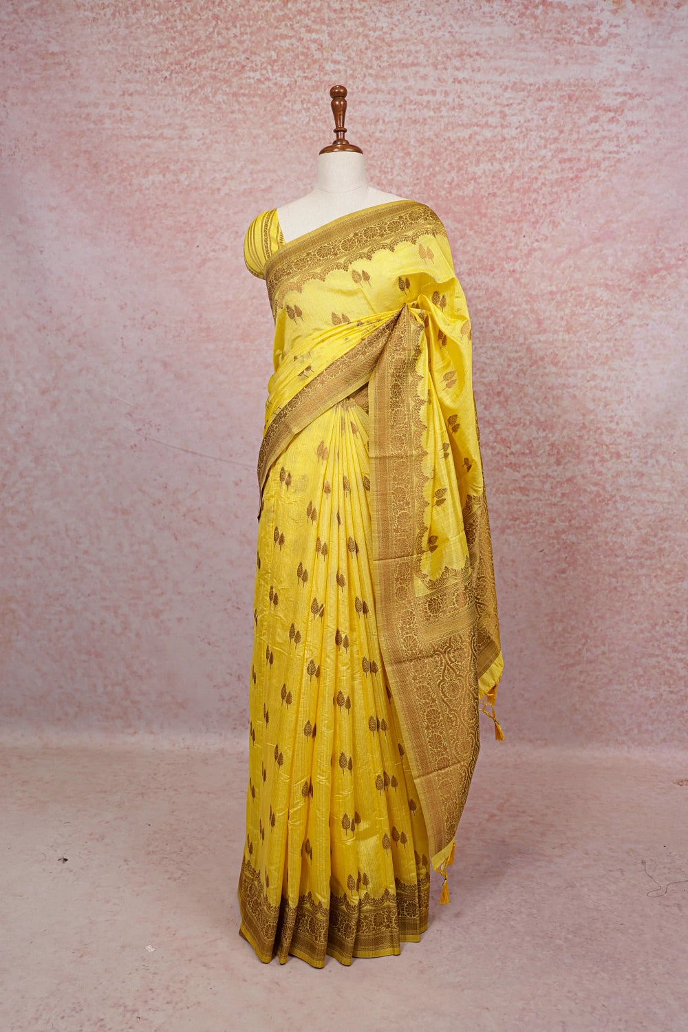 Lemon Yellow Semi Banarasi Saree