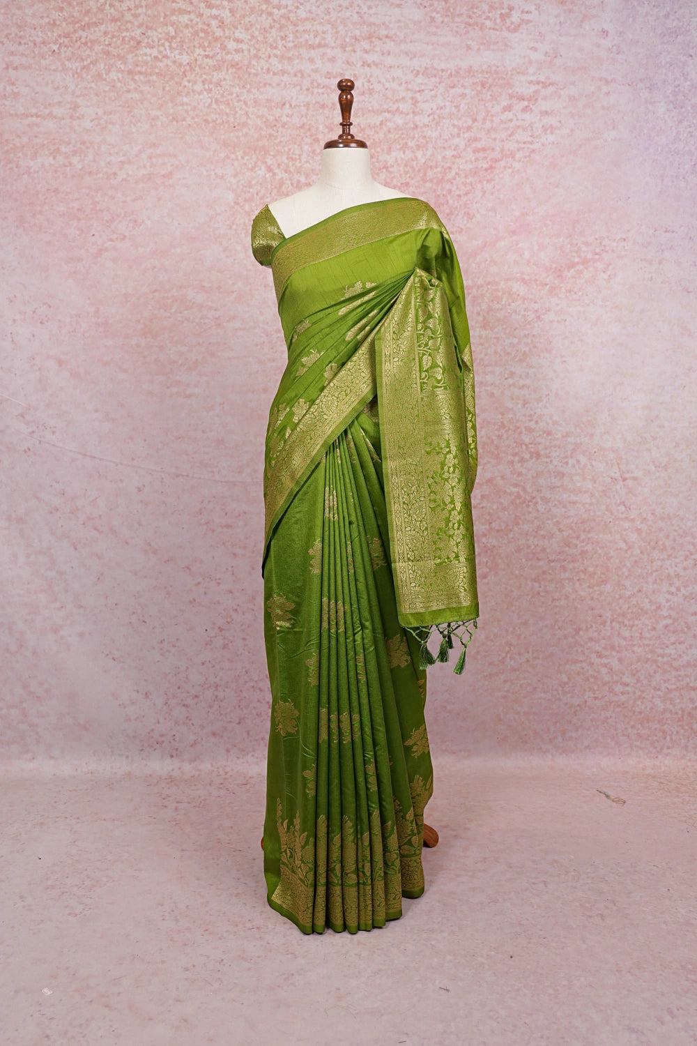 Parrot Green Semi Banarasi Saree