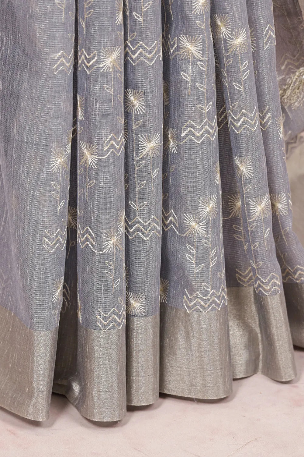 Ash kota saree silver thread work in starburst and chevron pattern with silver border - Seematti