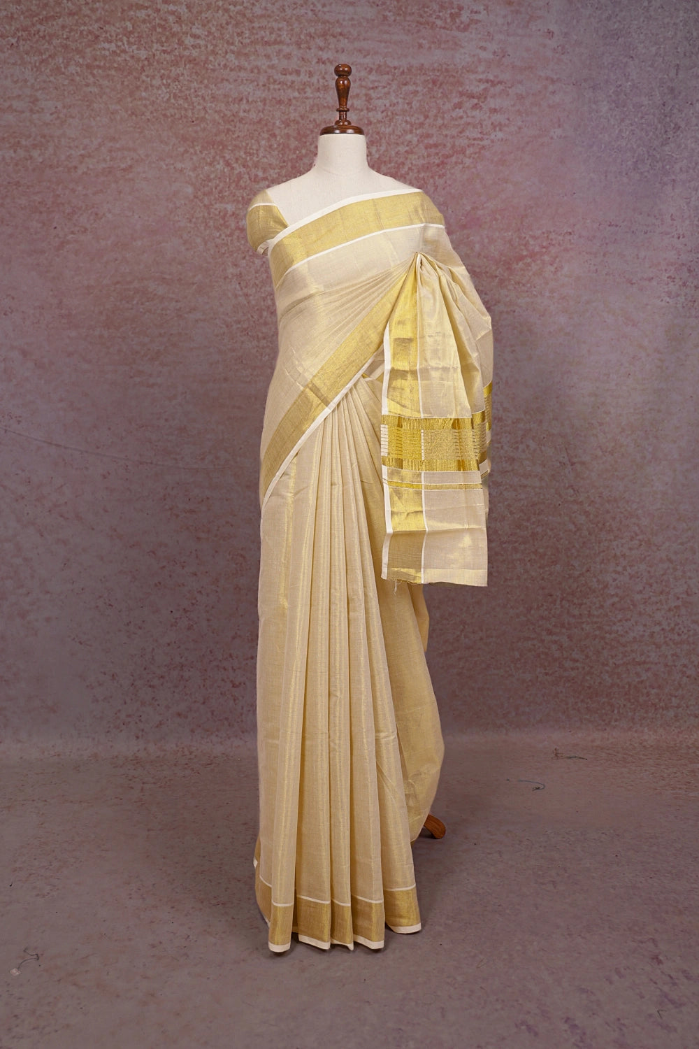 Cream tissue Kerala saree with golden Kasavu border - Seematti