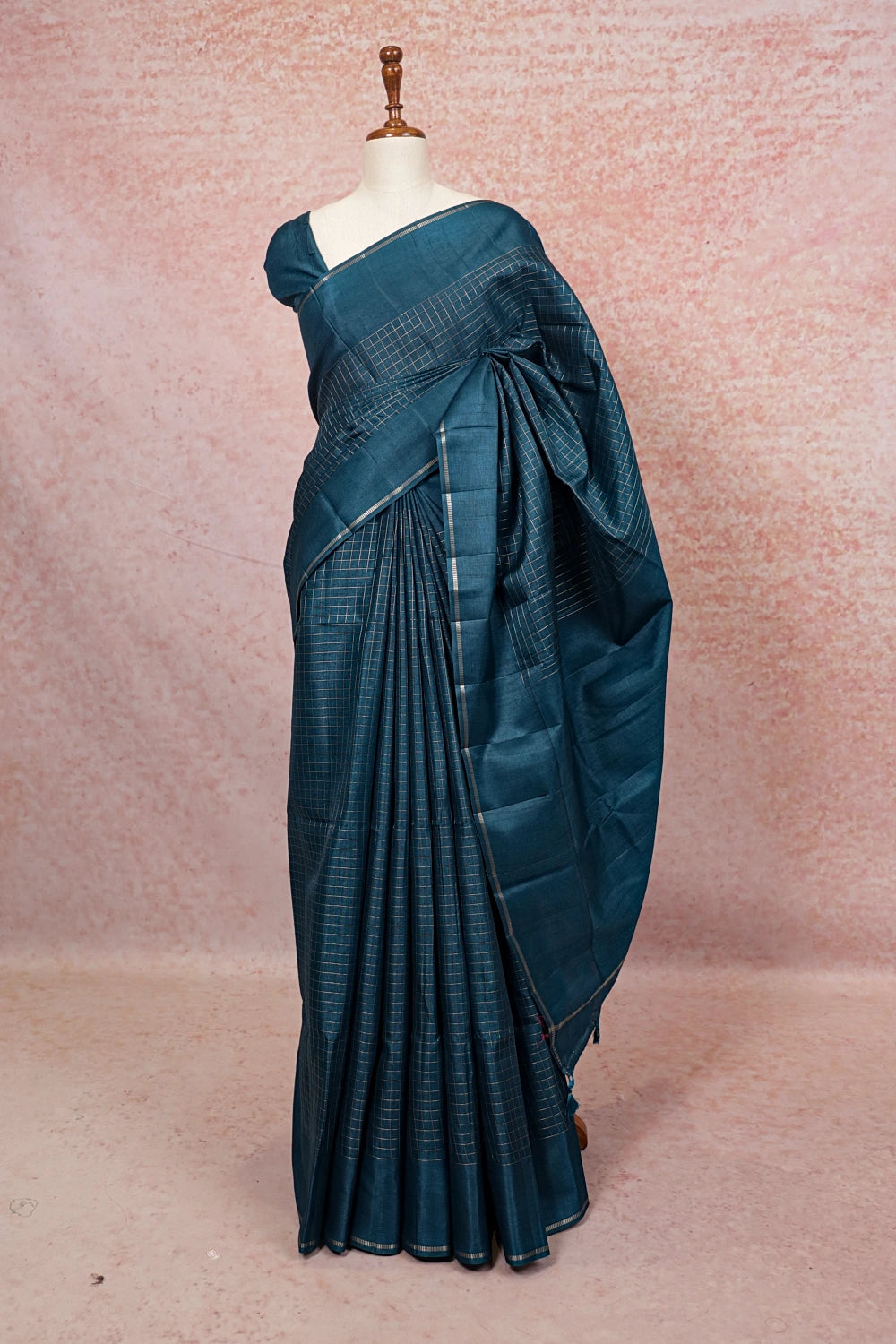 Teal Blue Semi Tussar Saree with pale border - Seematti