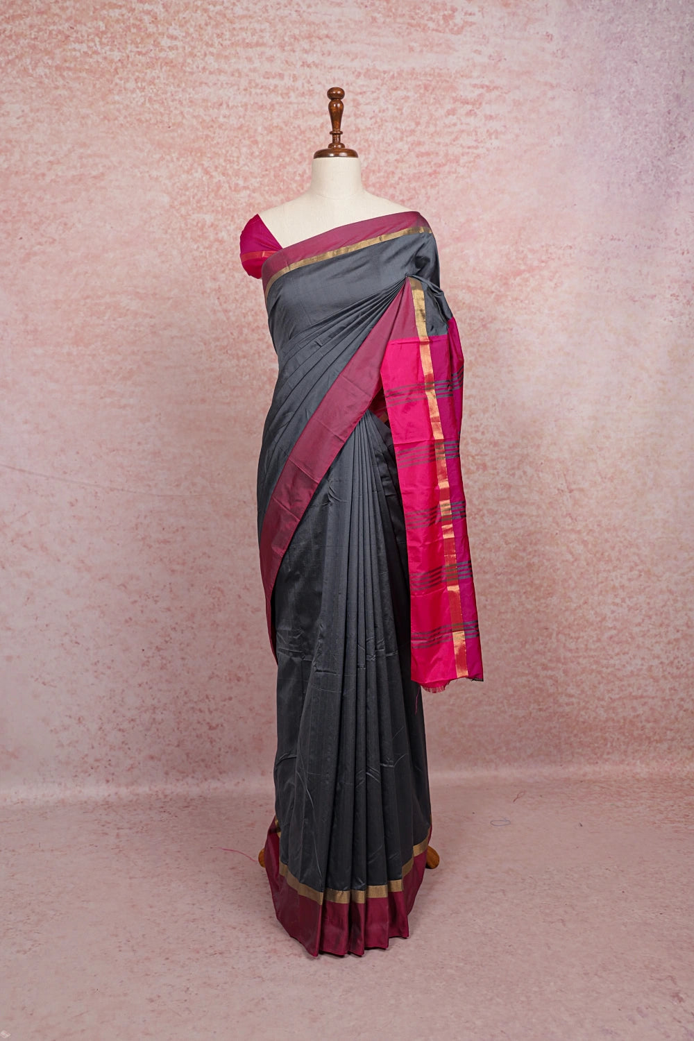 Grey semi silk saree with pink border - Seematti