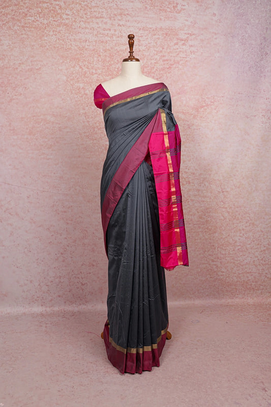 Grey semi silk saree with pink border - Seematti