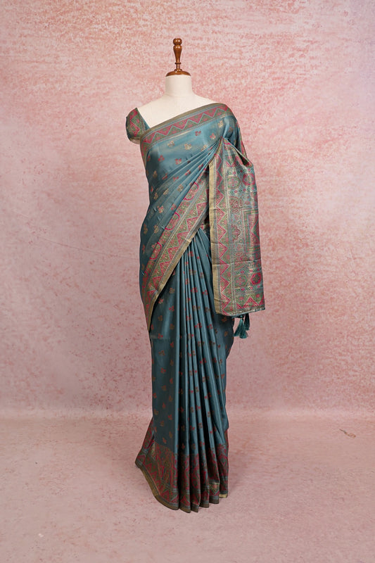 Blue Satin Banarasi Saree - Seematti