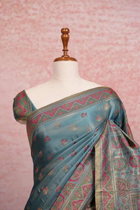 Blue Satin Banarasi Saree - Seematti