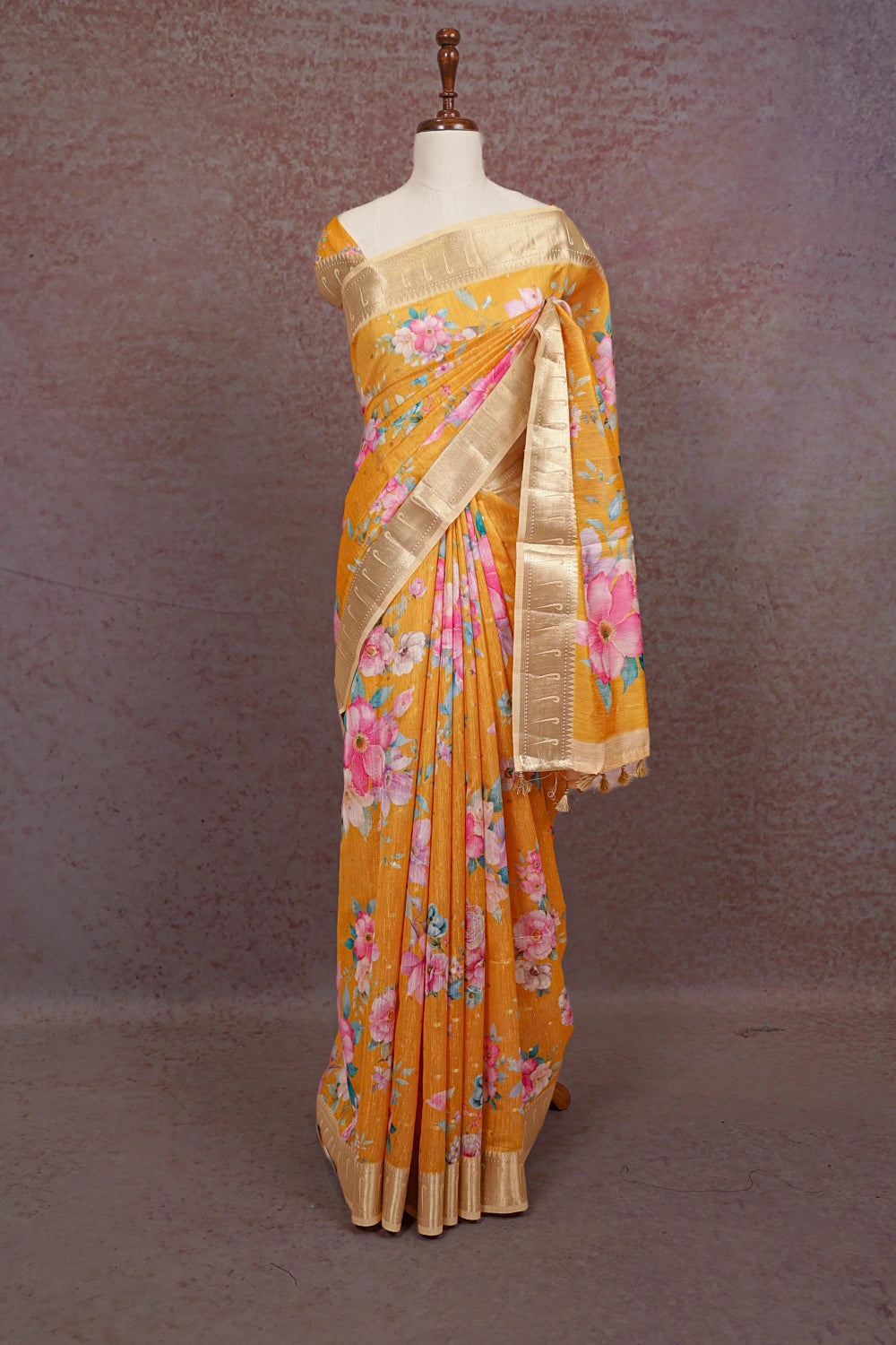 Orange Semi Jute Saree with floral print - Seematti