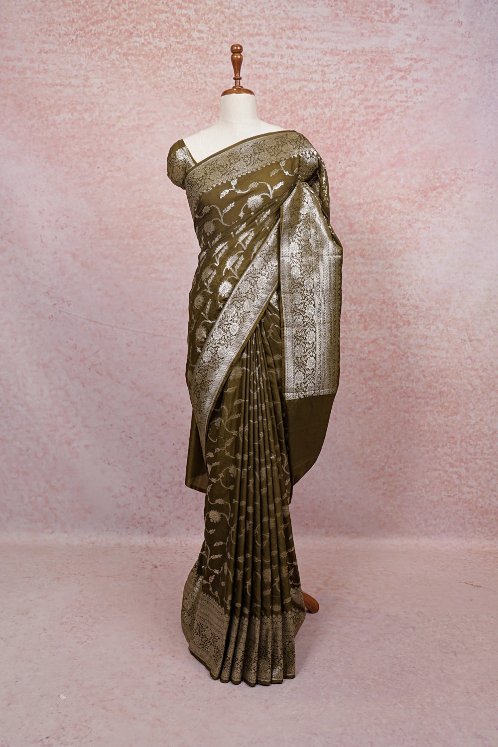 Mehandi Green Semi Banarasi Saree