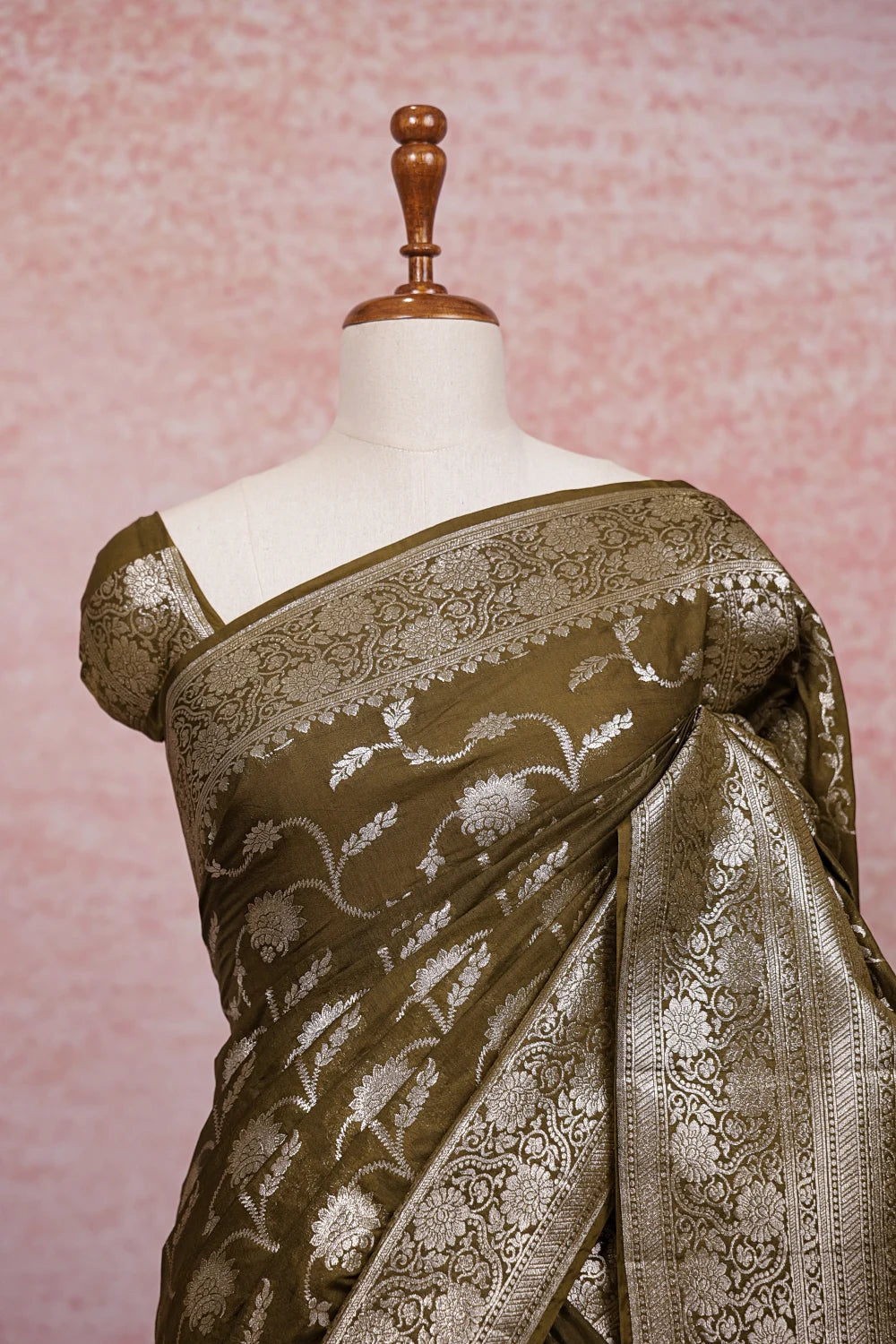 Mehandi Green Semi Banarasi Saree