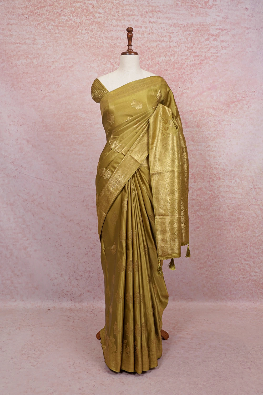 Olive Green Semi Banarasi Saree