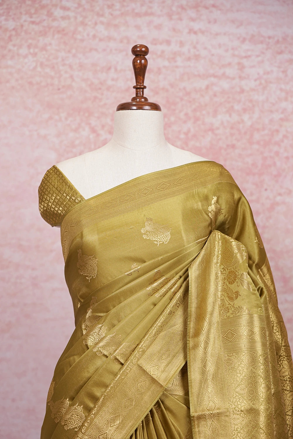 Olive Green Semi Banarasi Saree