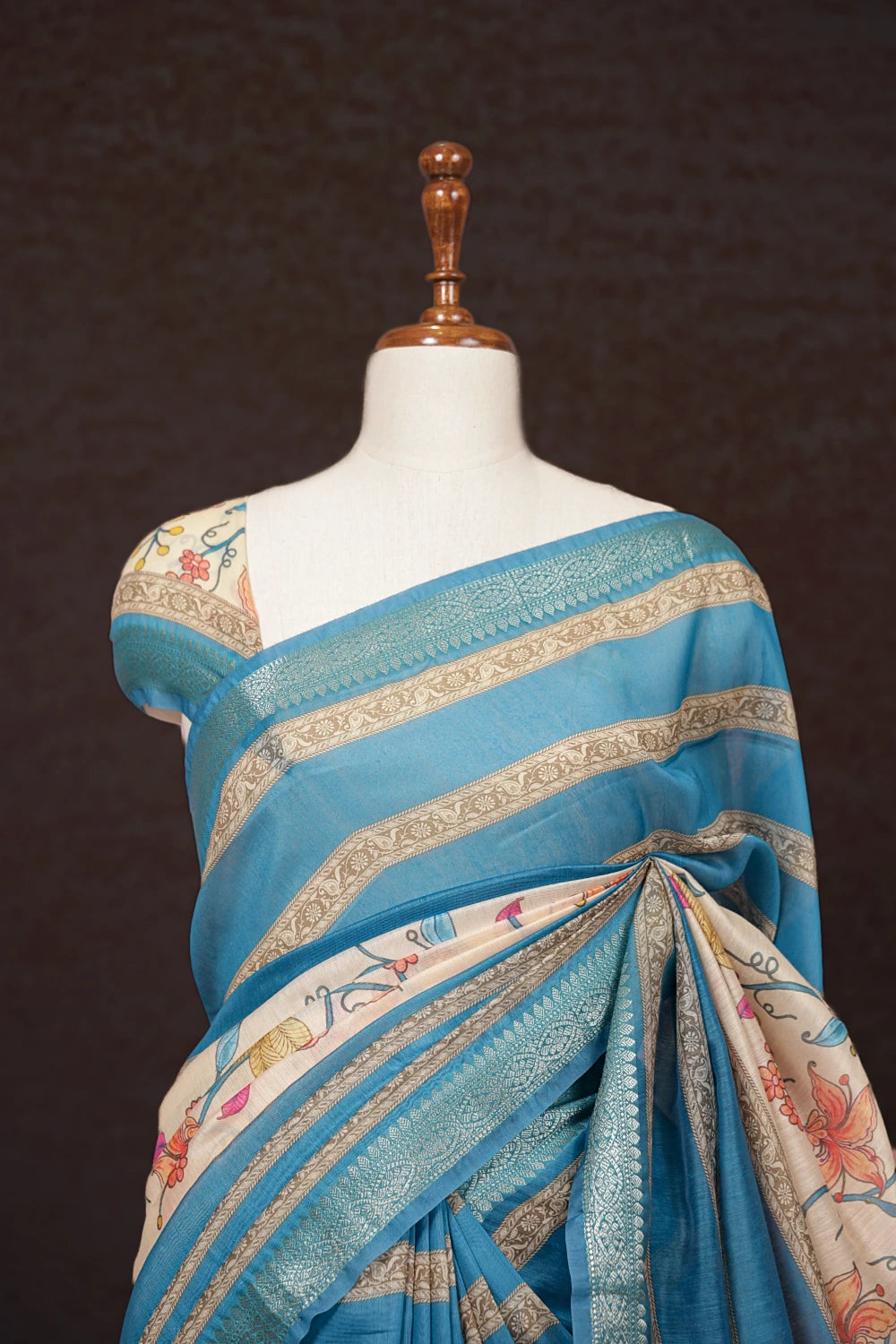 Cream And Blue Semi Chanderi Saree