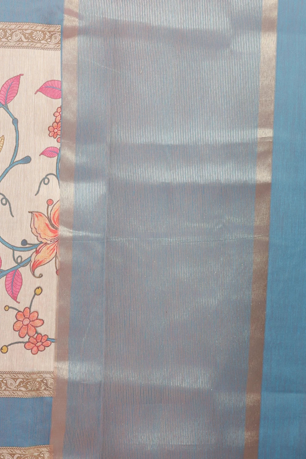 Cream And Blue Semi Chanderi Saree