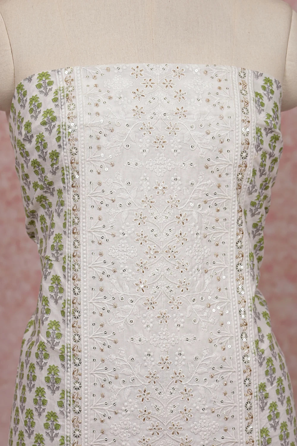 White Cotton Thread Work Un Stitched Churidhar Material