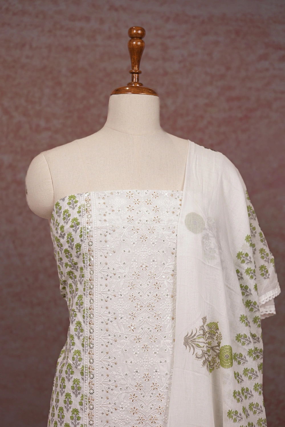 White Cotton Thread Work Un Stitched Churidhar Material