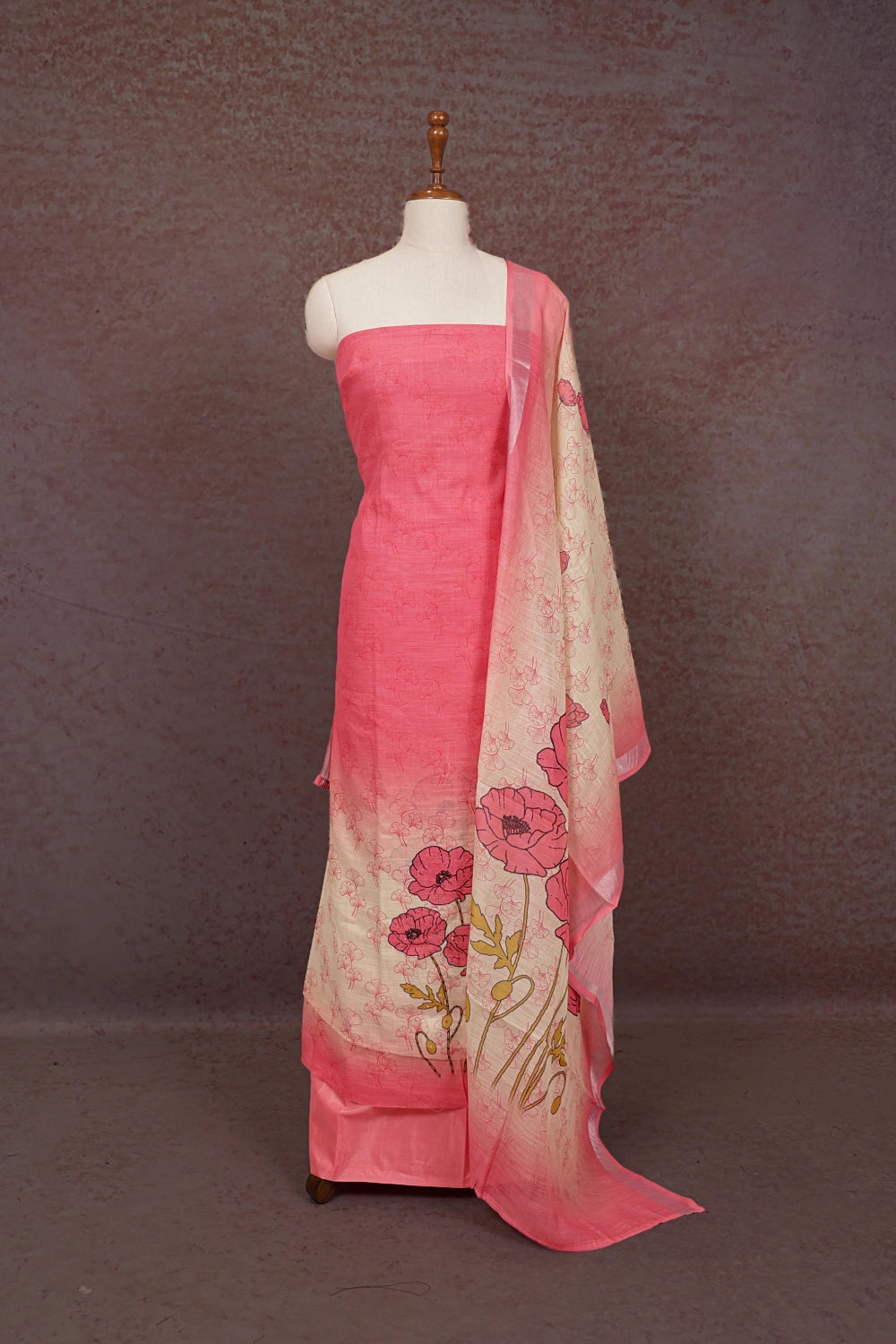 Peach Chanderi Printed Un Stitched Churidhar Material