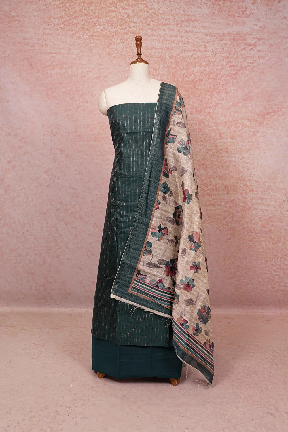 Dark Green Semi Silk Lines Un Stitched Churidhar Material